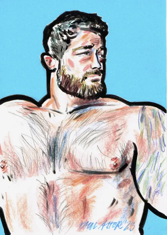 Portrait painting of a sexy bearded muscular man