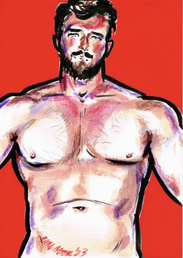 Portrait painting of a sexy bearded muscular young man