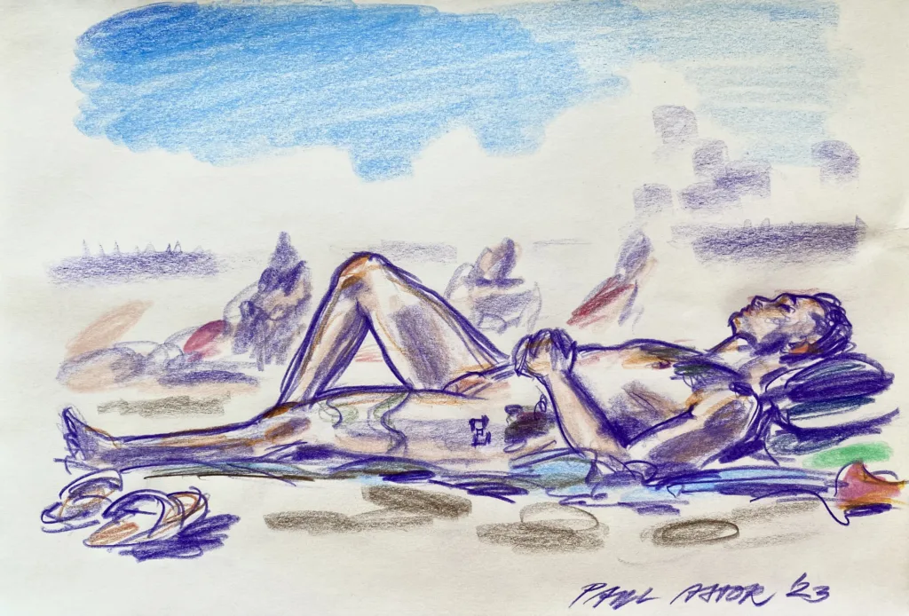 Drawing of a muscular young man with tattoos sleeping at the beach