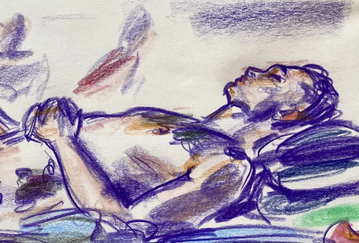 Drawing of a muscular young man with tattoos sleeping at the beach