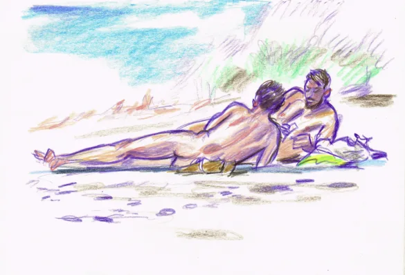 drawing of a two muscular naked men playing cards on a blanket on the beach