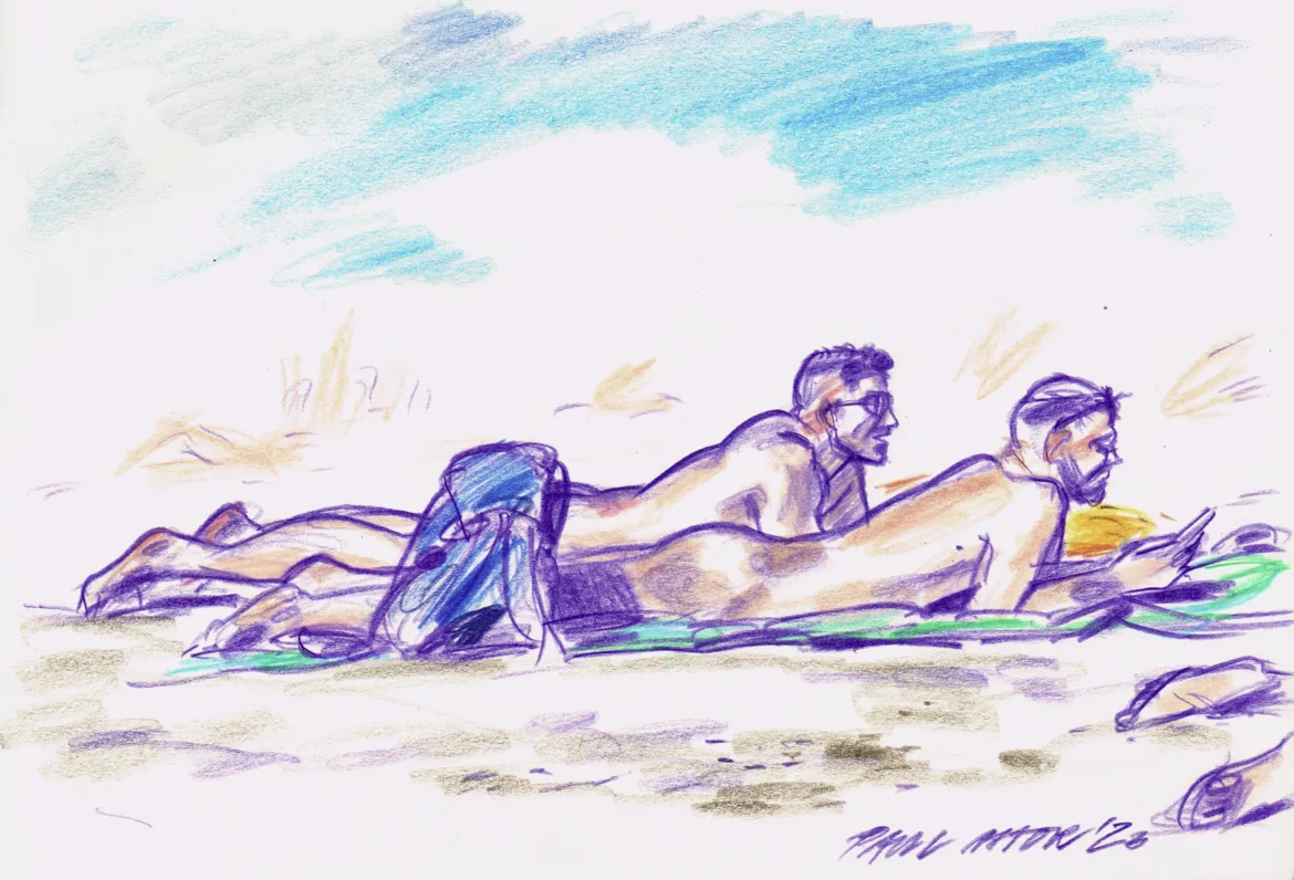 drawing of a two muscular naked men relaxing on a blanket on the beach