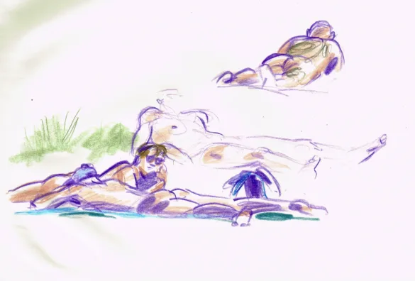drawing of muscular naked men relaxing on blankets in nature