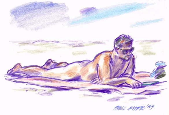 drawing of a muscular naked man with sunglasses laying on a blanket on the beach reading