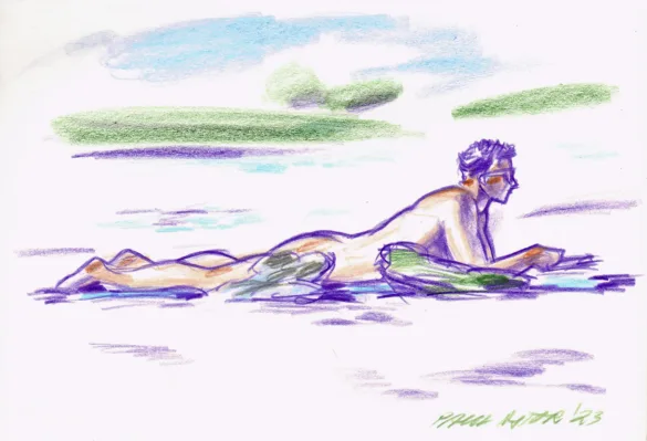 drawing of a muscular naked man laying on a blanket on the beach reading on his phone