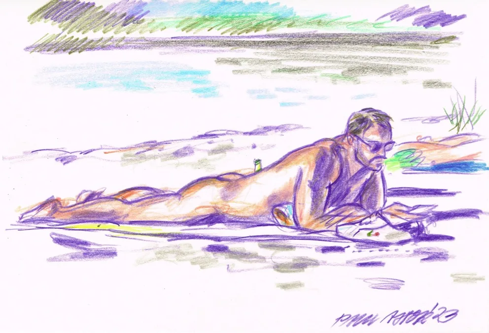 portrait drawing of a naked man resting at the naturist nudist beach