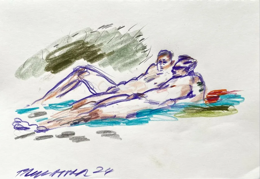 portrait drawing of two naked men resting at the naturist nudist beach