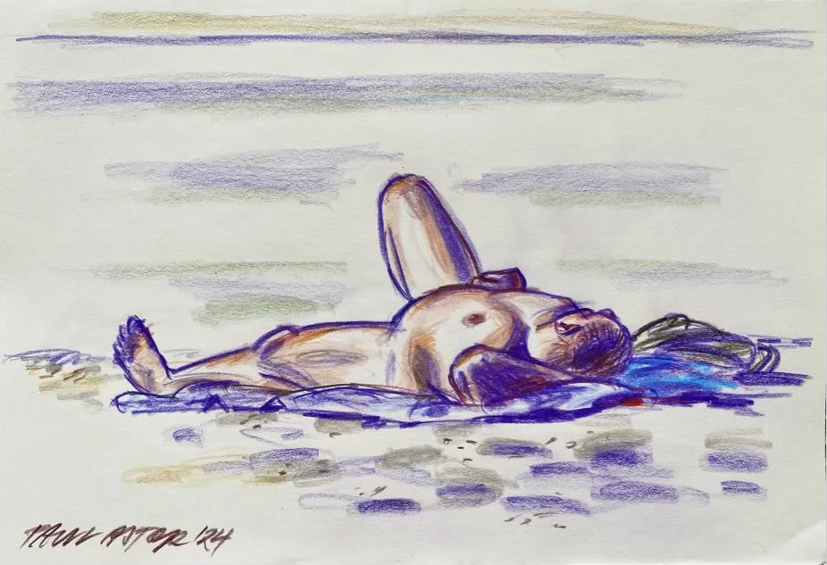 portrait drawing of a naked man resting at the naturist nudist beach