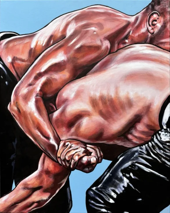 painting of two muscular topless men with black leather pants in a Turkish oil wrestling fight