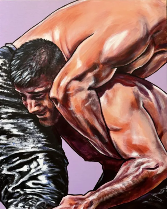 painting of two muscular topless men with black leather pants in a Turkish oil wrestling fight